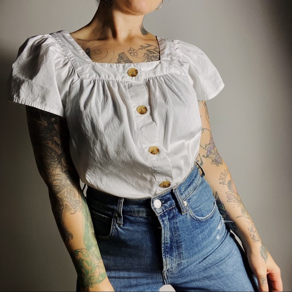 GAP Tops - GAP Cotton Square Neck Gathered Short Sleeve White Button Front Top Womens XS